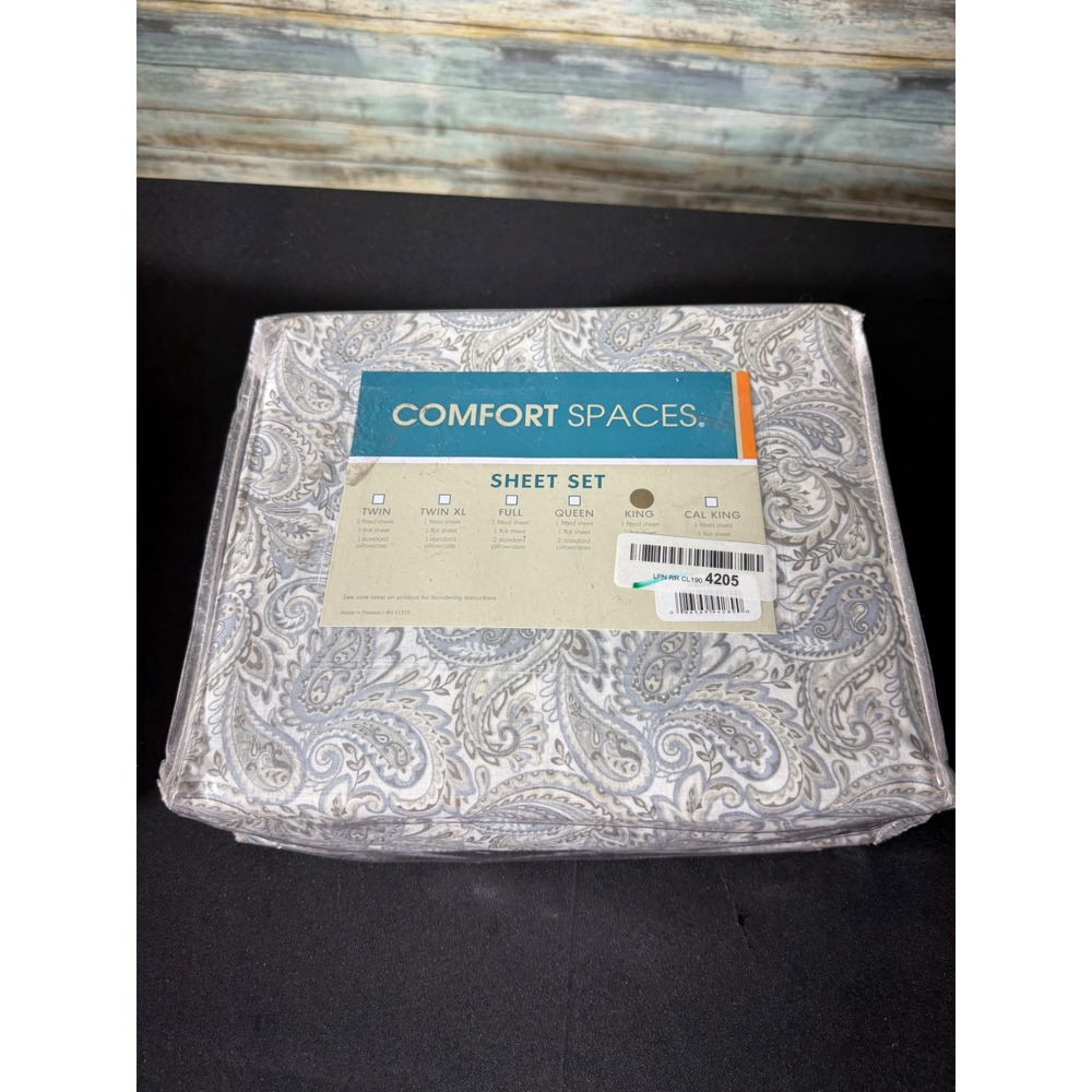 Comfort Spaces Sheet Set King Blue Grey New Paisley 4 Piece Bedding CS20-0867